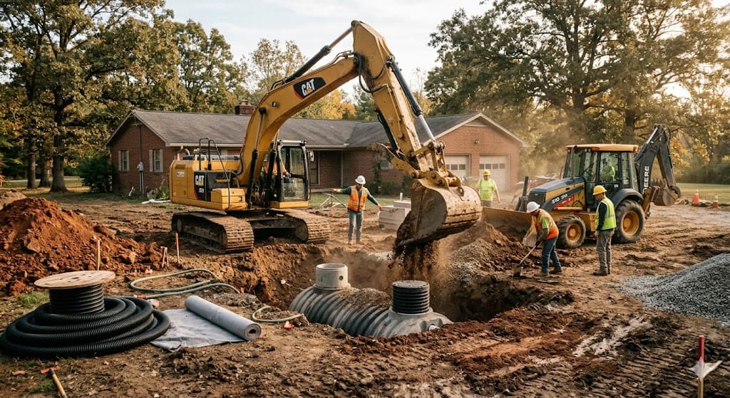 Excavator installing a septic system at a residential job site